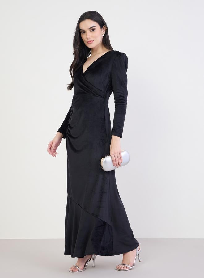 Styli Women Black Velvet Wrap Maxi Dress - Image 1